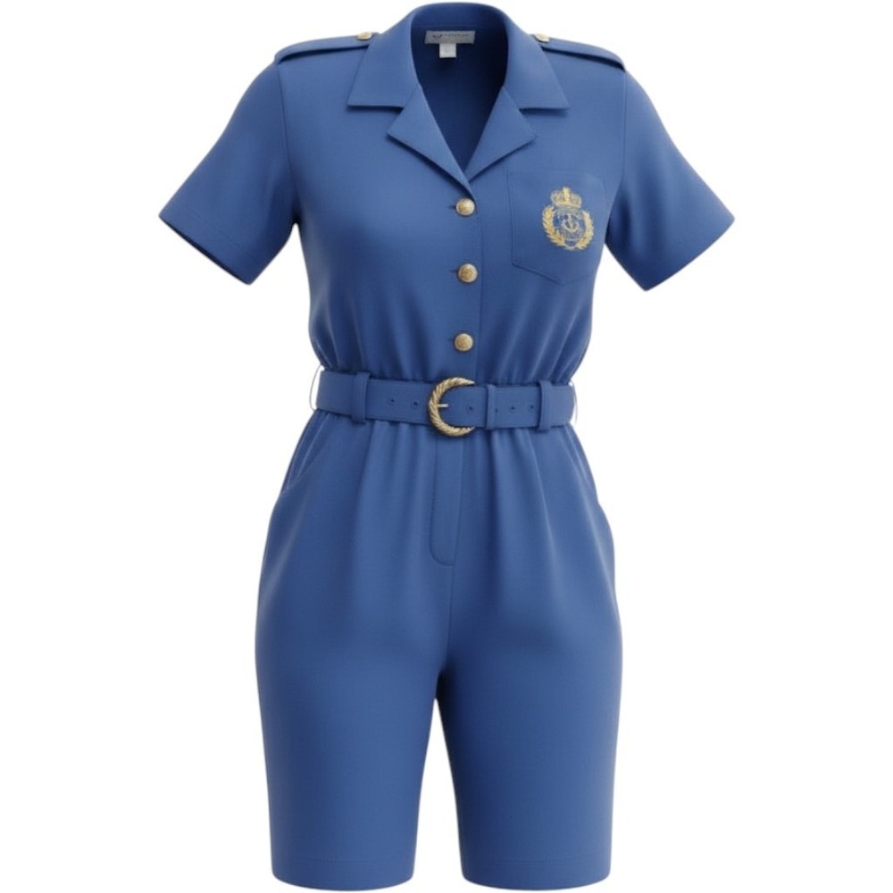 Vintage SL Fashions Royal Blue Romper Nautical Military Crest Belted Style 244